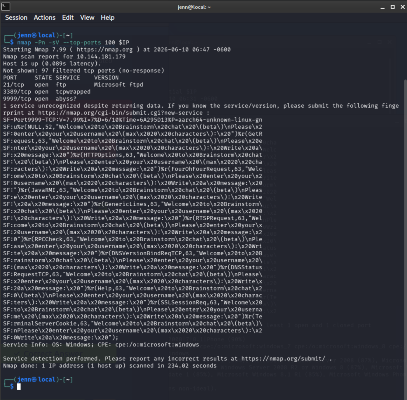Nmap top 100 ports scan showing open ports 21, 3389, and 9999